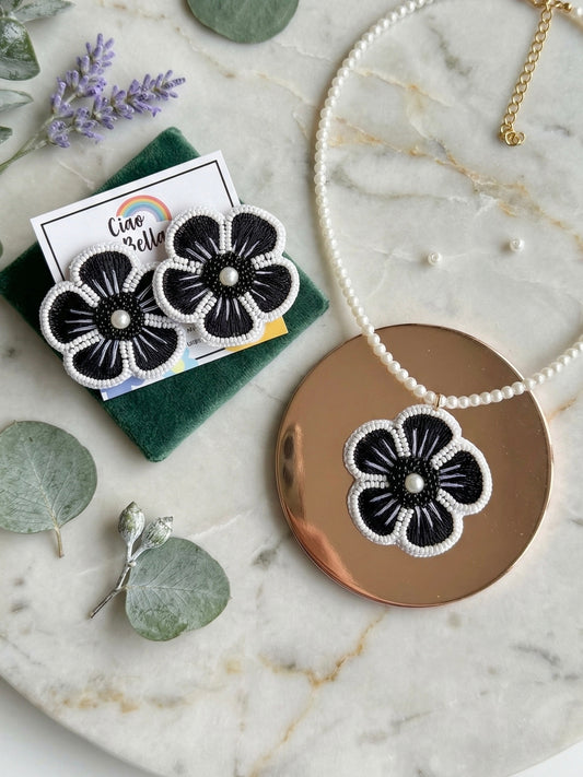 Twilight Black Blossom Flower Handmade Beaded Necklace + Earrings Set