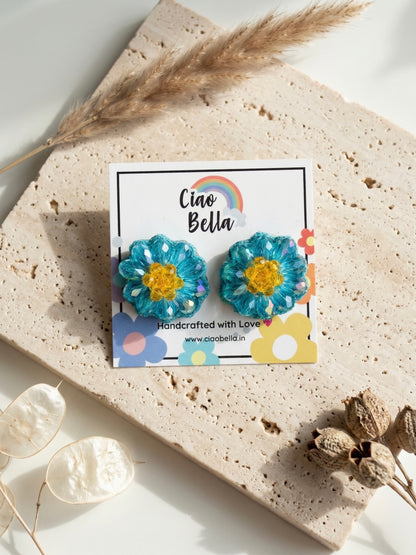 Sparkling Turquoise Blue Flower Handmade Beaded Stud Earrings