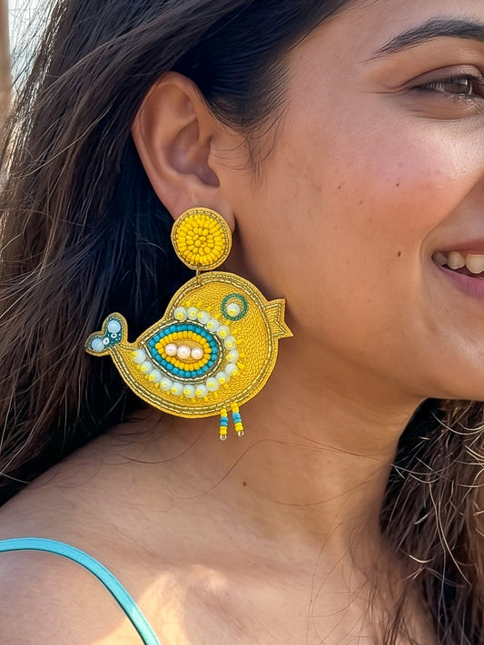 Chirpy Birdie Yellow Aqua Blue Handmade Beaded Earrings