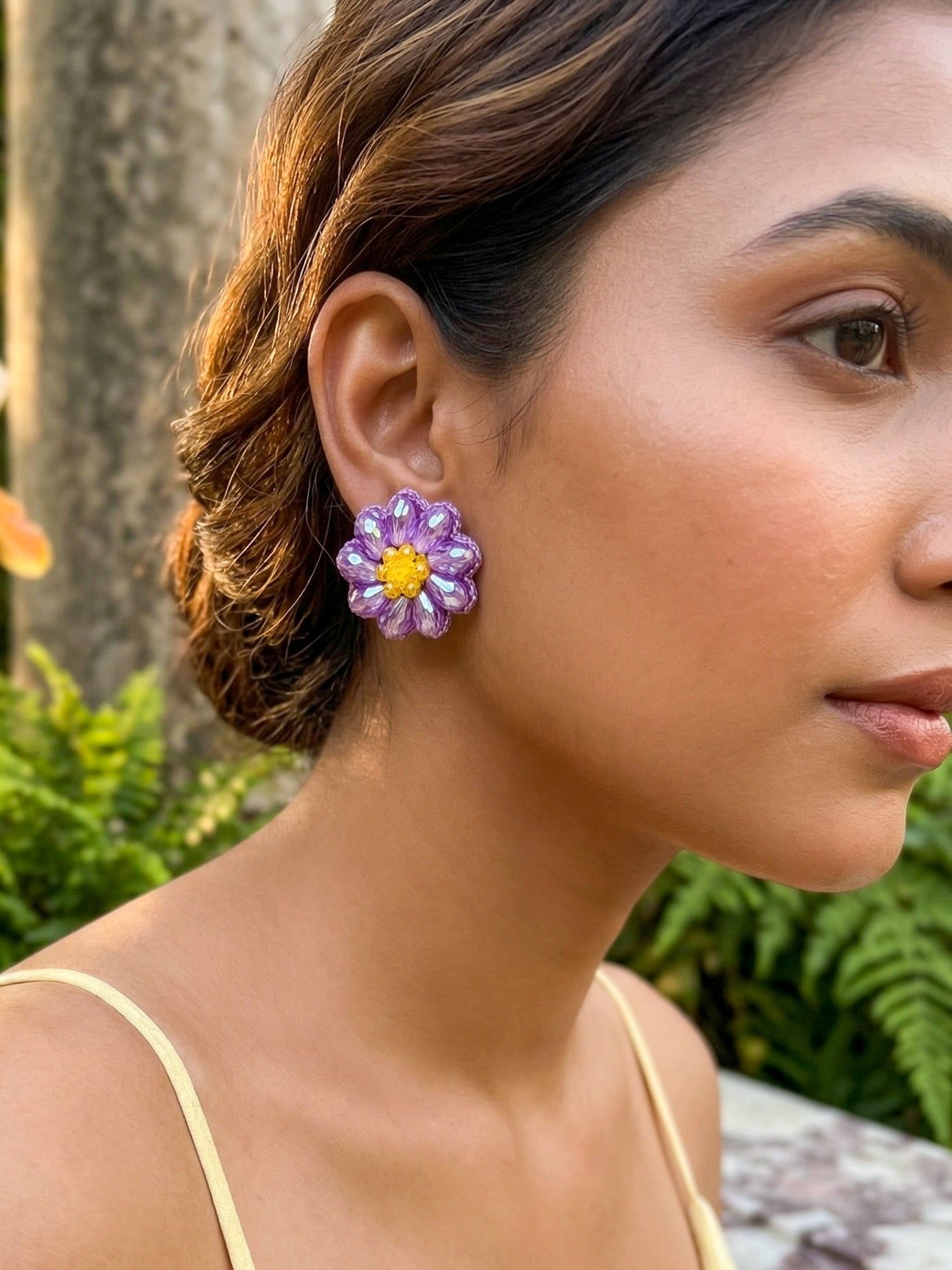 Sparkling Lilac Purple Flower Handmade Beaded Stud Earrings