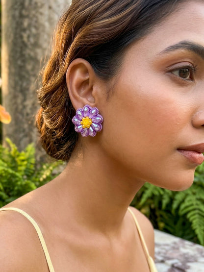 Sparkling Lilac Purple Flower Handmade Beaded Stud Earrings