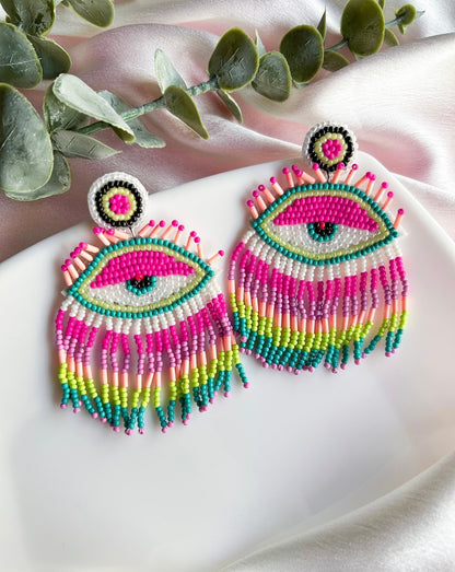 Pink Evil Eye Tassel Earrings