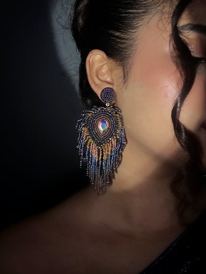 Peacock Dream Feather Handmade Beaded Tassel Earrings