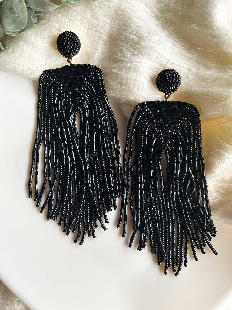 Luxe Midnight Black Handmade Beaded Tassel Earrings