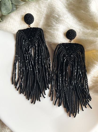 Luxe Midnight Black Handmade Beaded Tassel Earrings