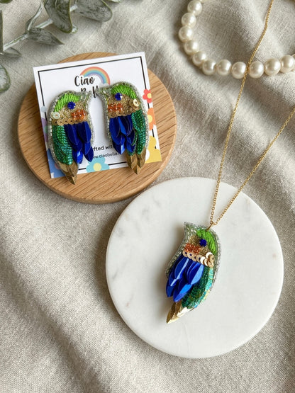 Chirpy Forest Green Blue Parrot Handmade Beaded Necklace + Earrings Set