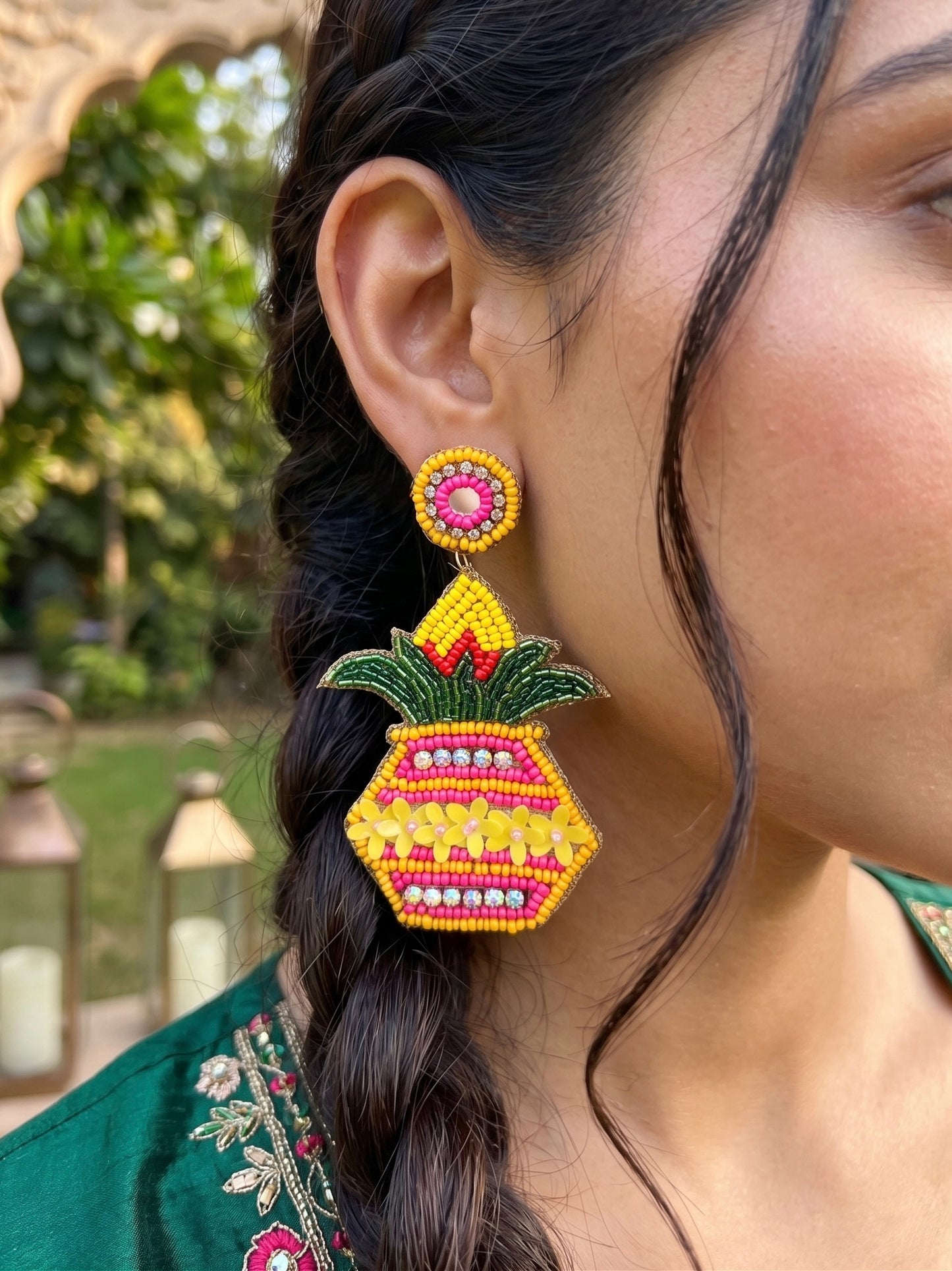 Kalash Yellow Pink Green Handmade Beaded Earrings