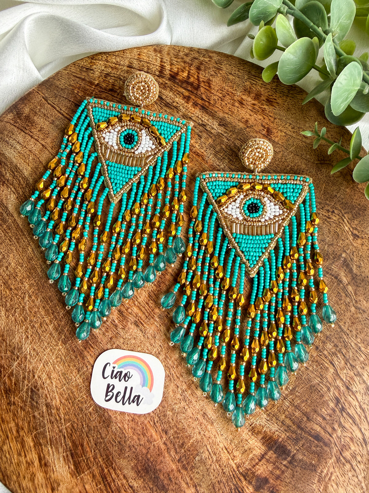Luxe Evil Eye Teal Blue Handmade Beaded Tassel Earrings