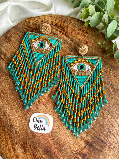 Luxe Evil Eye Teal Blue Handmade Beaded Tassel Earrings