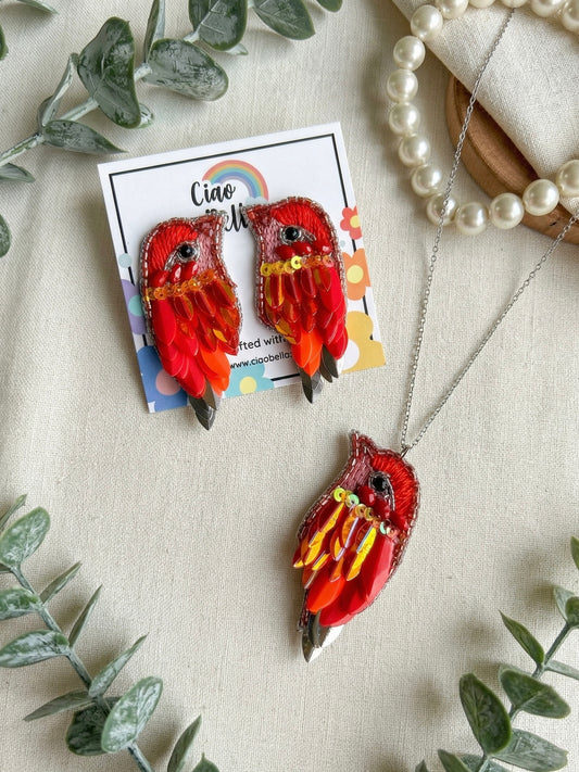 Chirpy Sunset Orange Parrot Handmade Beaded Necklace + Earrings Set