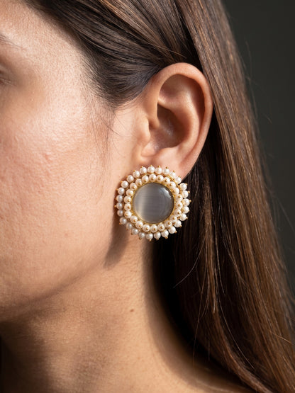 Sitara Grey Pearl Round Handmade Brass Earrings
