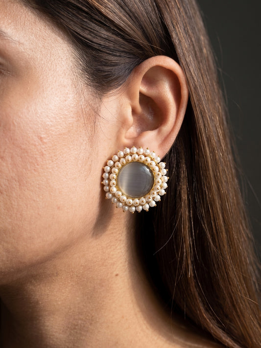 Sitara Grey Pearl Round Handmade Brass Earrings