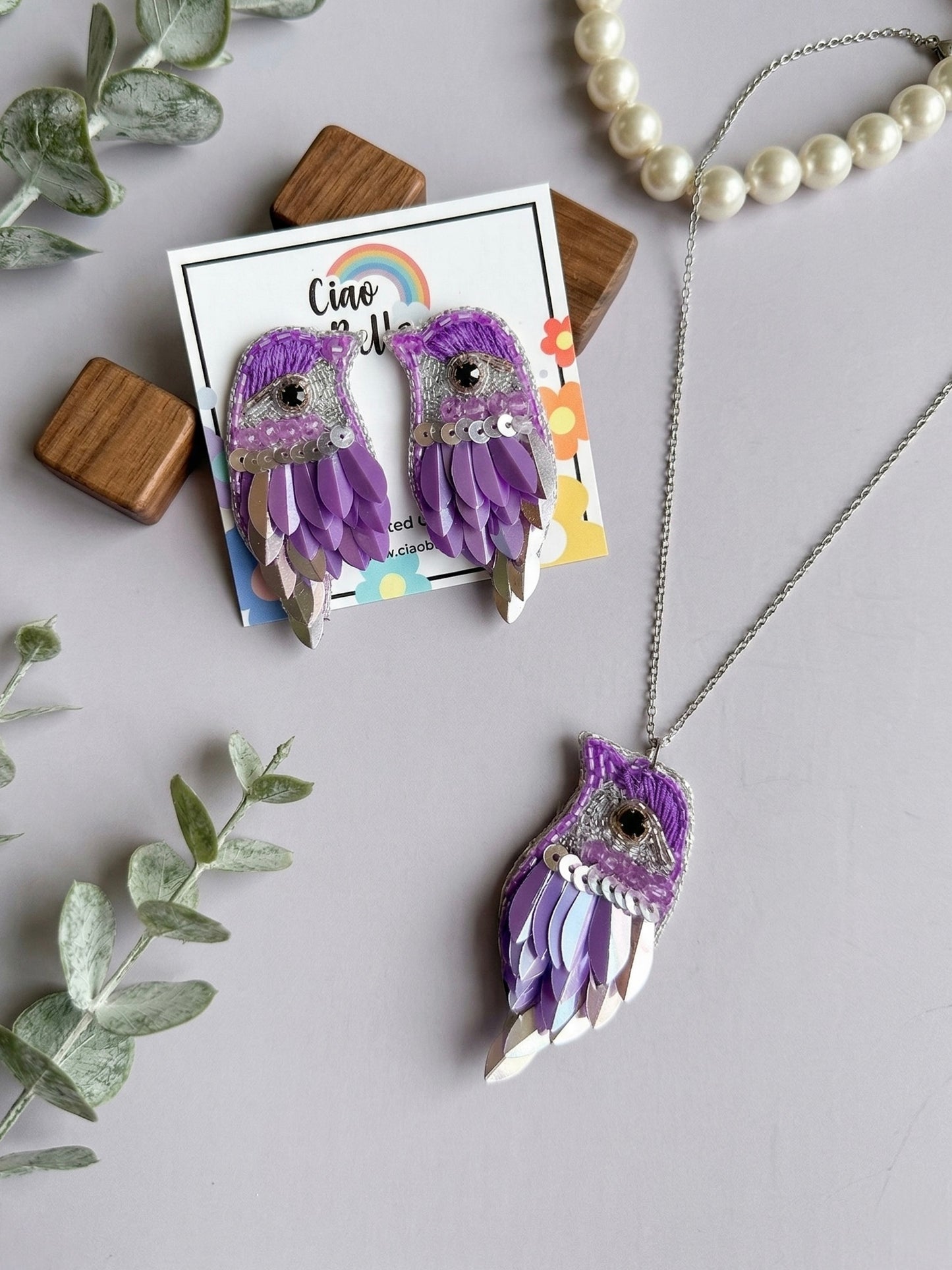 Chirpy Lilac Purple Parrot Handmade Beaded Necklace + Earrings Set