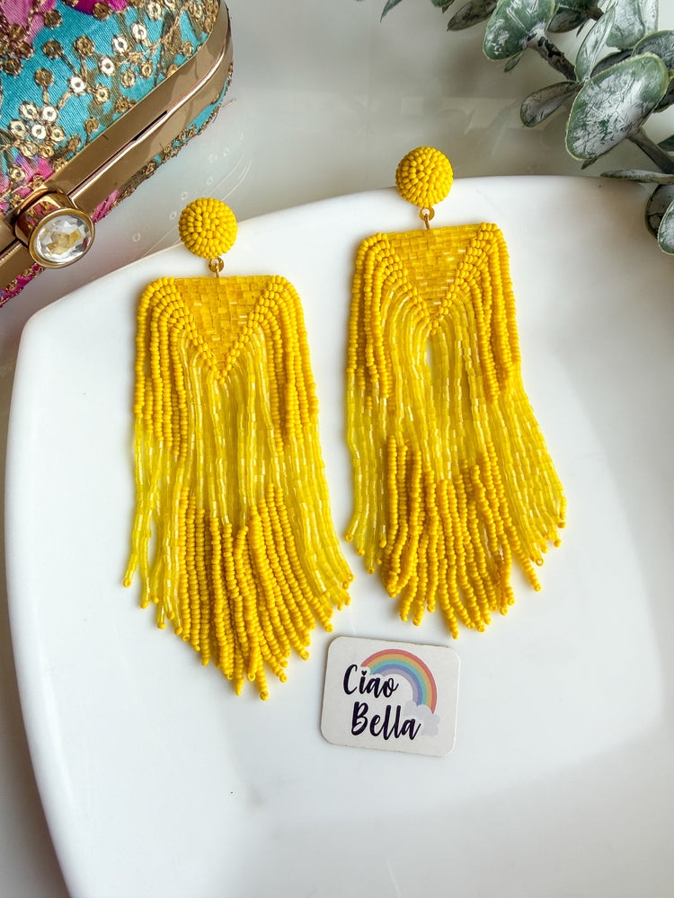 Luxe Sunny Yellow Handmade Beaded Tassel Earrings