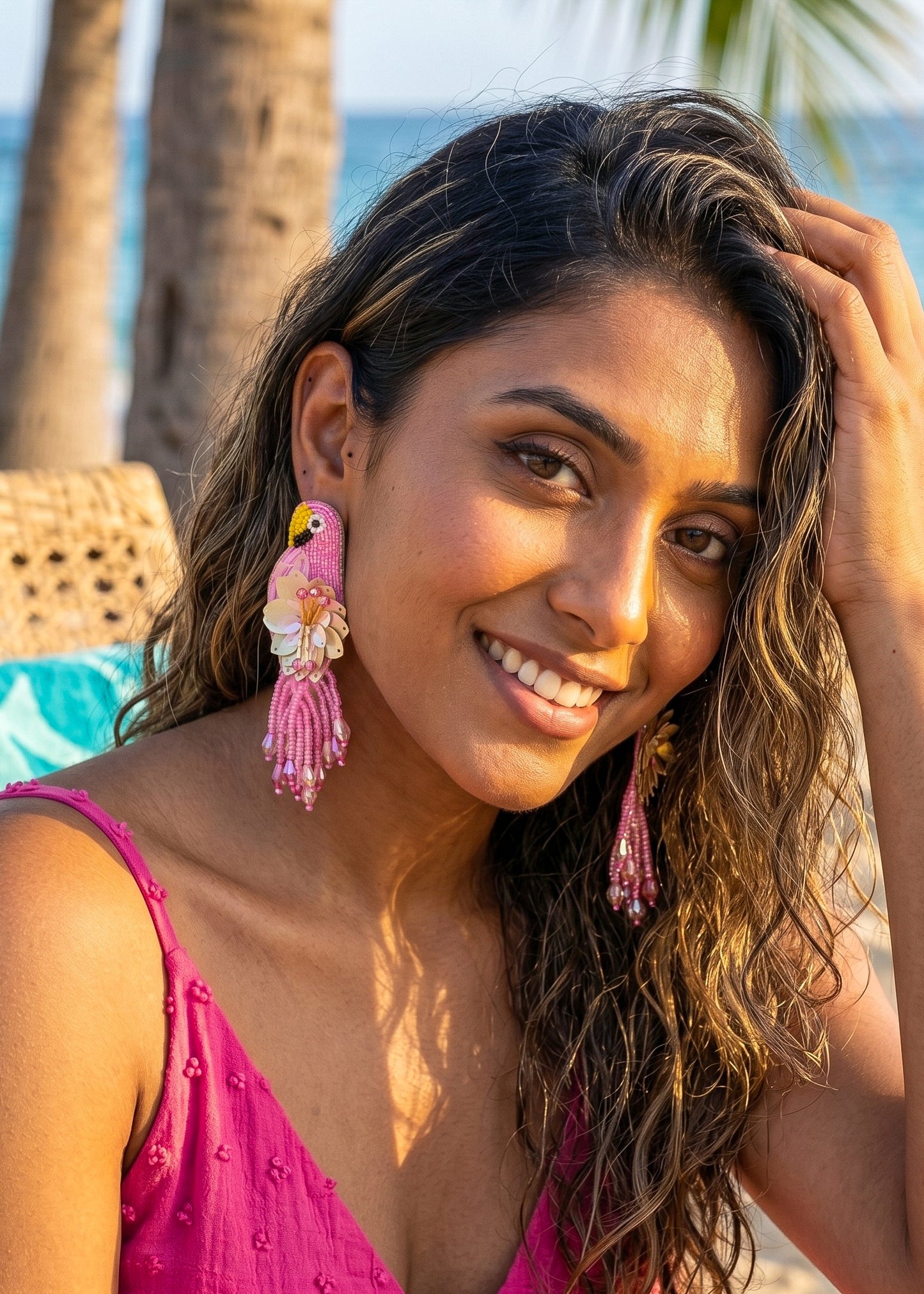 Luxe Paradise Pink Parrot Handmade Beaded Bird Earrings