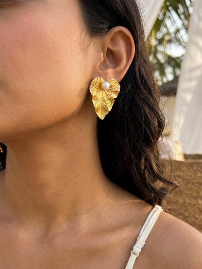 Golden Fern Pearl Handmade Brass Earrings