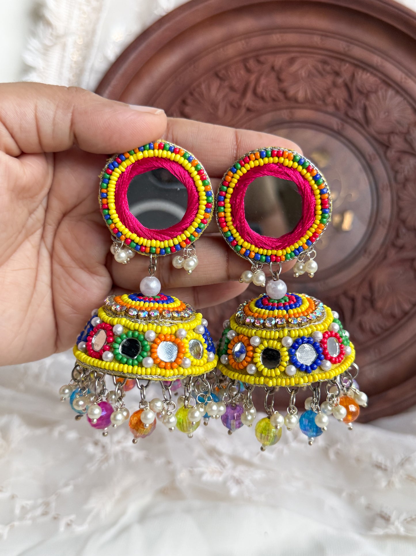 Rangili Mirror Handmade Beaded Jhumka Earrings