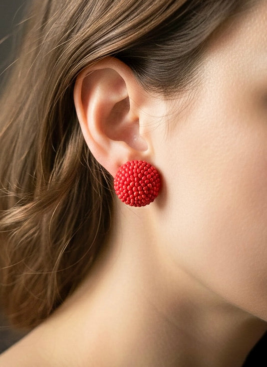 Cherry Red Round Handmade Beaded Stud Earrings