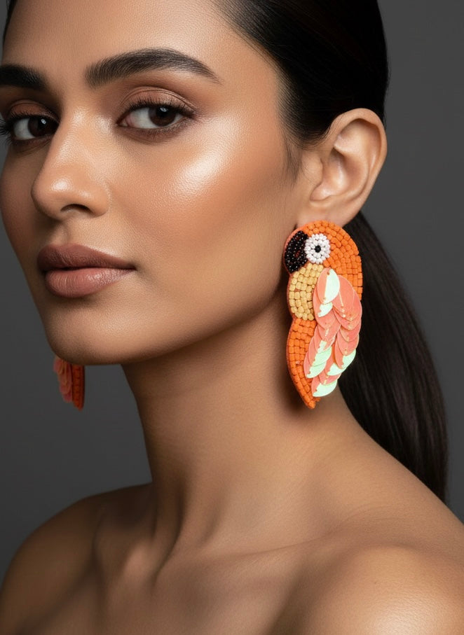 Orange Parrot Handmade Beaded Bird Earrings