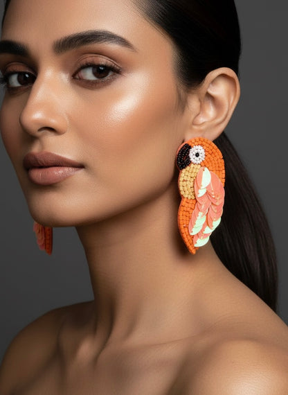 Orange Parrot Handmade Beaded Bird Earrings