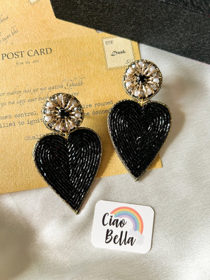 Glam Black Heart Drop Handmade Beaded Earrings