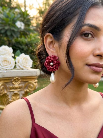 Crochet Deep Red 3D Rose Pearl Drops Flower Handmade Beaded Earrings