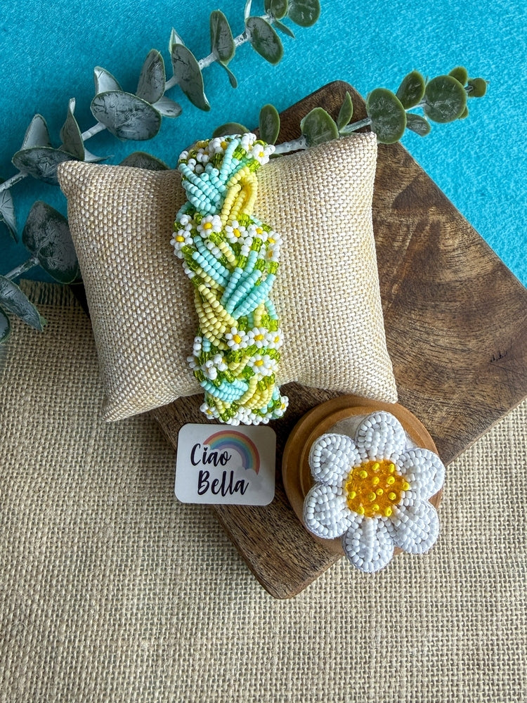 Luxe Flora Light Blue Yellow Handmade Beaded Bracelet + Ring Combo