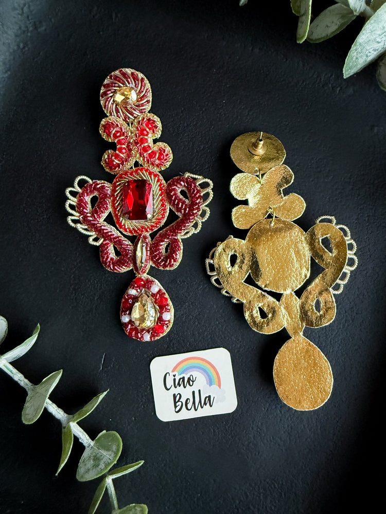 Aashna Red Gold Handmade Beaded Statement Earrings