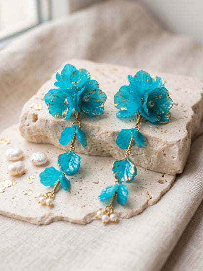 Aurelia Flower Teal Blue Statement Handmade Beaded Earrings