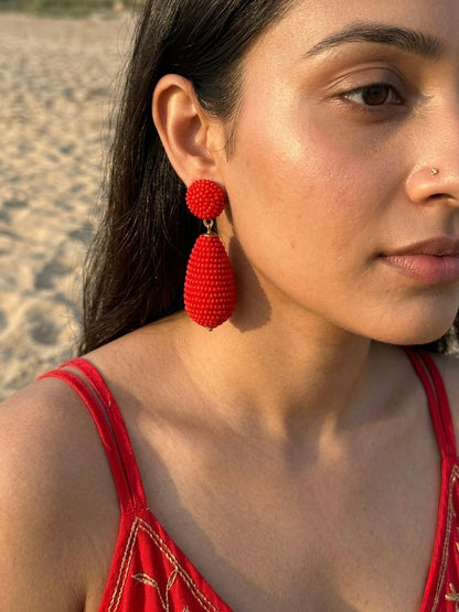 Scarlet Red Drop Handmade Beaded Earrings