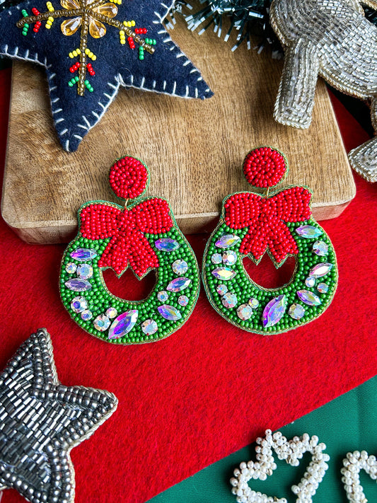 Christmas Wreath Handmade Beaded Earrings