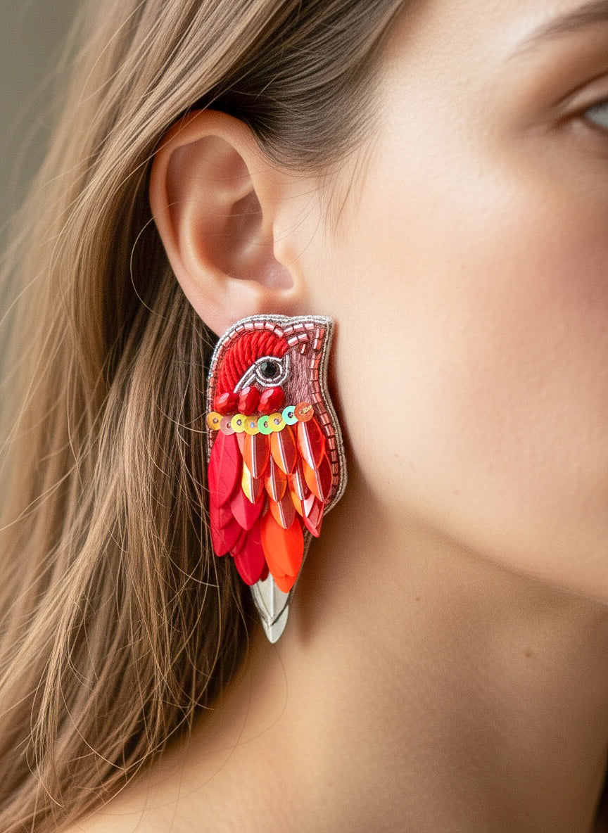 Chirpy Sunset Orange Parrot Handmade Beaded Bird Earrings
