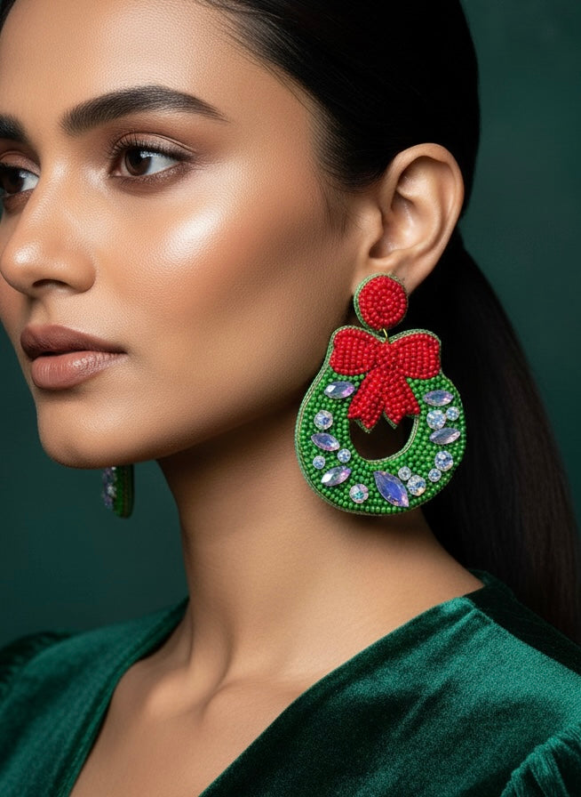 Christmas Wreath Handmade Beaded Earrings
