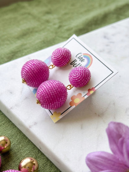 Hot Pink Round Drop Handmade Beaded Earrings