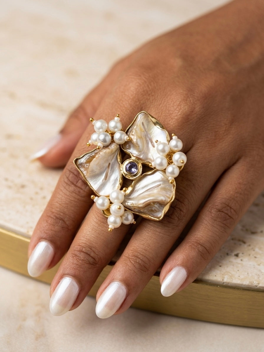 Mother of Pearl Kundan Handmade Brass Ring