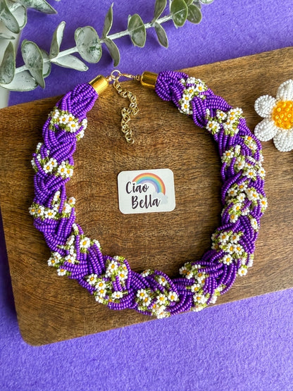 Luxe Flora Purple Handmade Beaded Necklace + Earrings Set