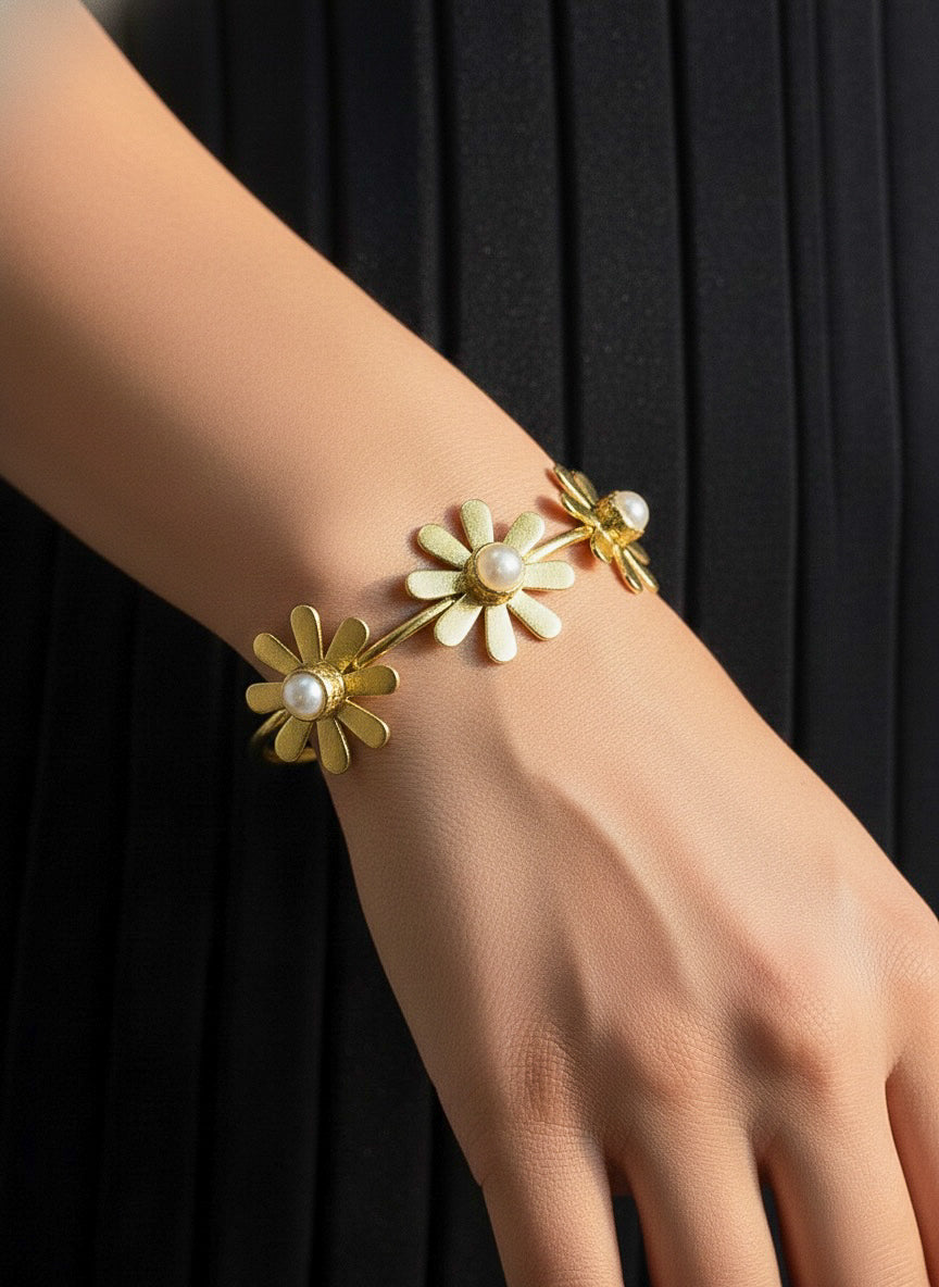 Sweet Daisy Pearl Handmade Brass Cuff Bracelet
