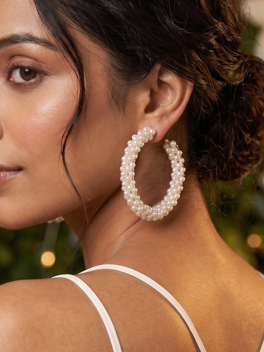 Woven Pearl Handmade Beaded Hoop Earrings