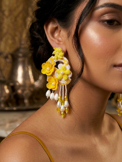 Golden Yellow Tulip 3D Flower Statement Handmade Beaded Earrings