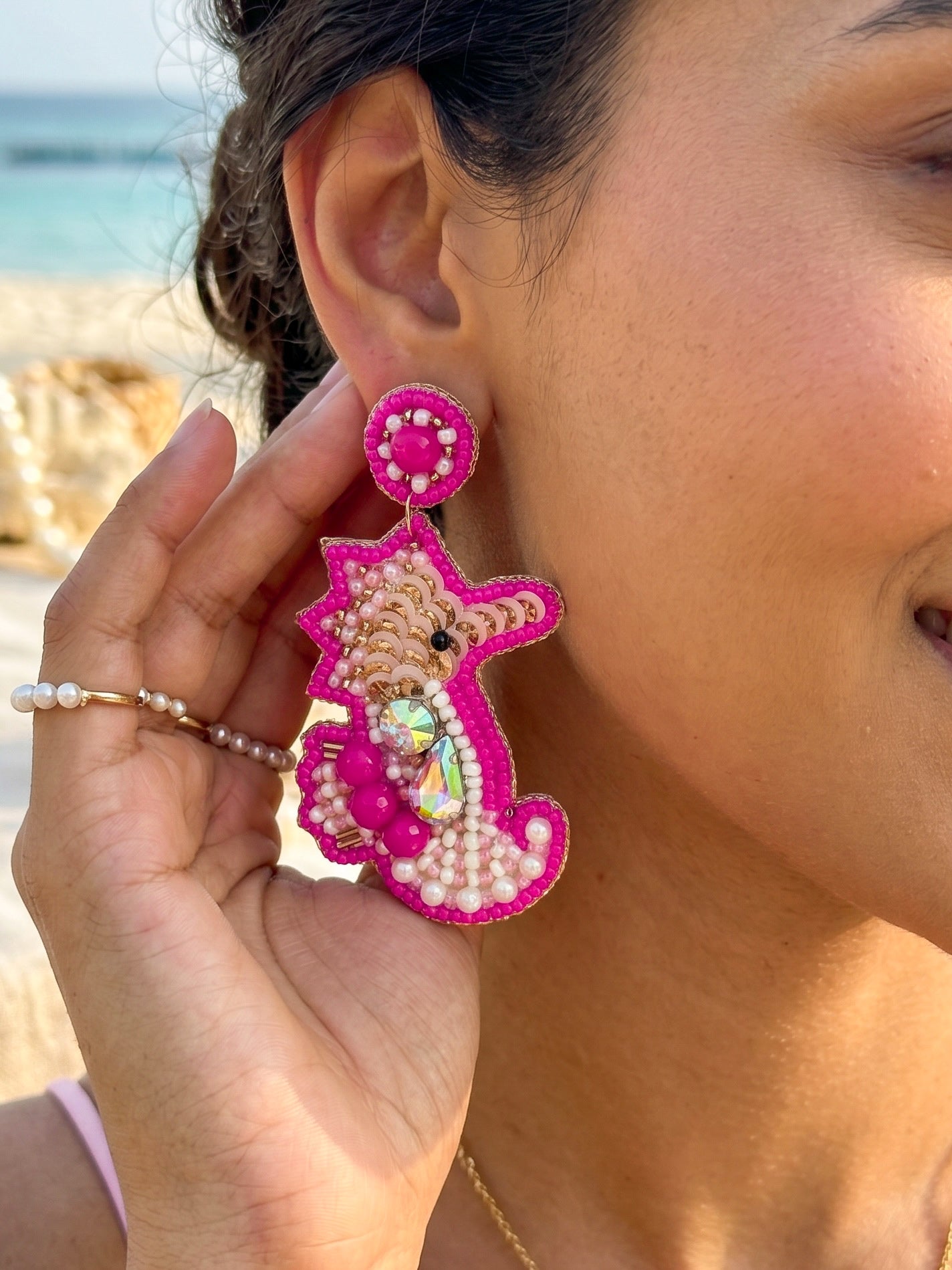 Candy Pink Seahorse Handmade Beaded Earrings