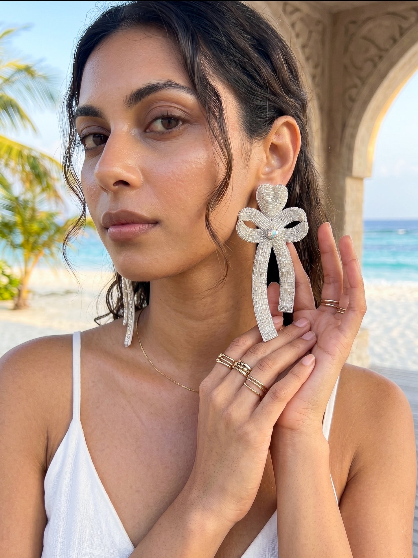Glam Bow (Silver) Handmade Beaded Earrings
