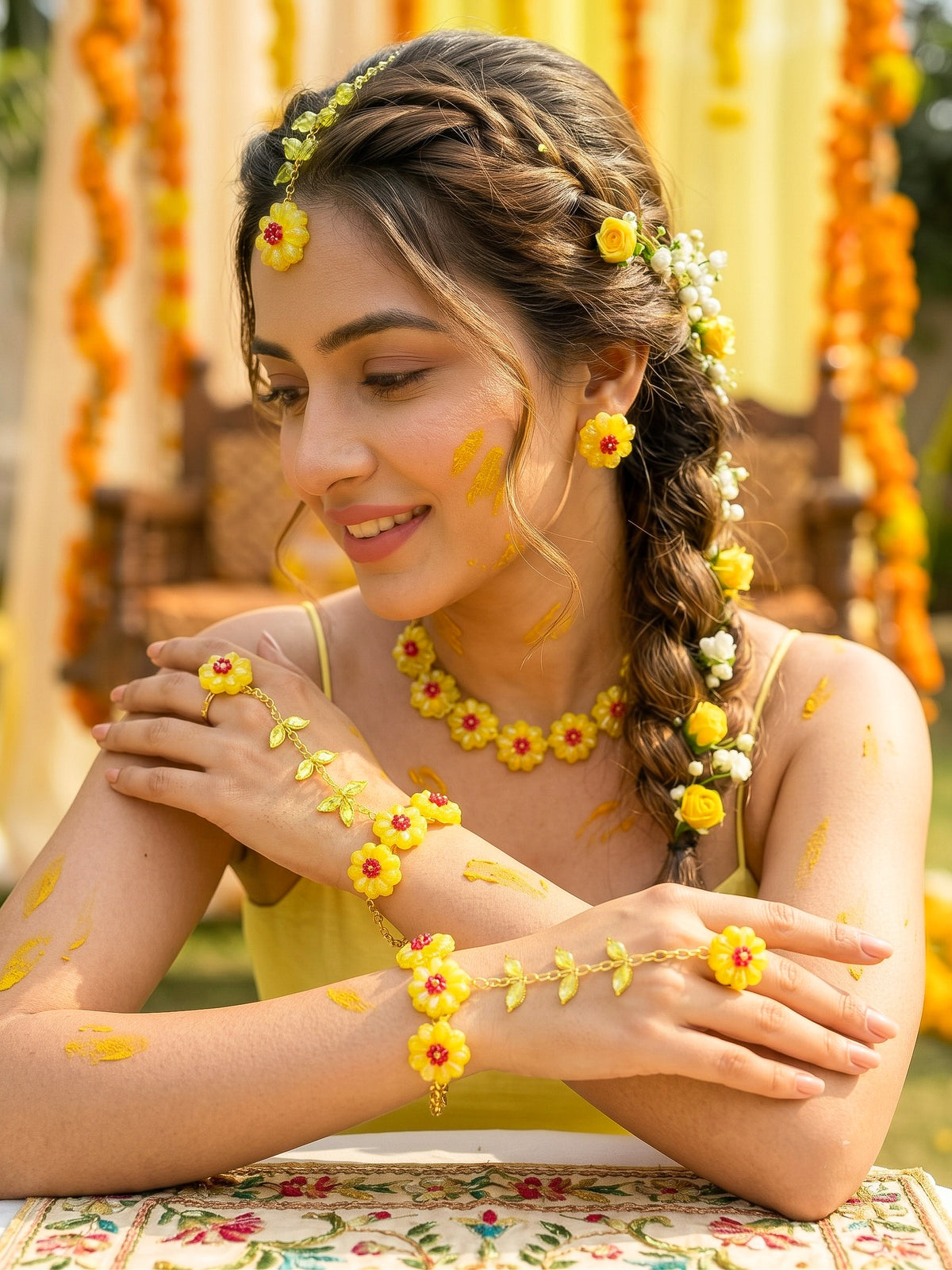Sparkling Yellow Pink Daisy Flower Handmade Beaded Haldi Jewellery Set (Necklace + Earrings + Hathphools + Maangtika)