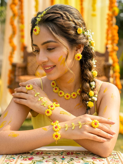 Sparkling Yellow Pink Daisy Flower Handmade Beaded Haldi Jewellery Set (Necklace + Earrings + Hathphools + Maangtika)