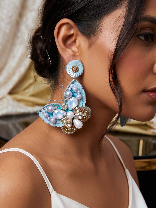 Luxe Crystal Aqua Blue Handmade Beaded Butterfly Earrings