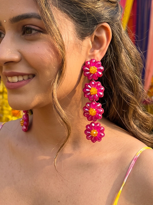 Sparkling Hot Pink Daisy Flower Handmade Beaded Drop Earrings