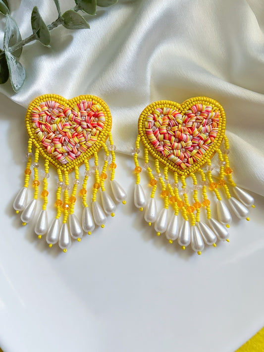 Sunny Heart Drop Tassel Handmade Beaded Earrings