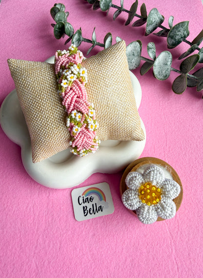 Luxe Flora Pink Handmade Beaded Bracelet + Ring Combo
