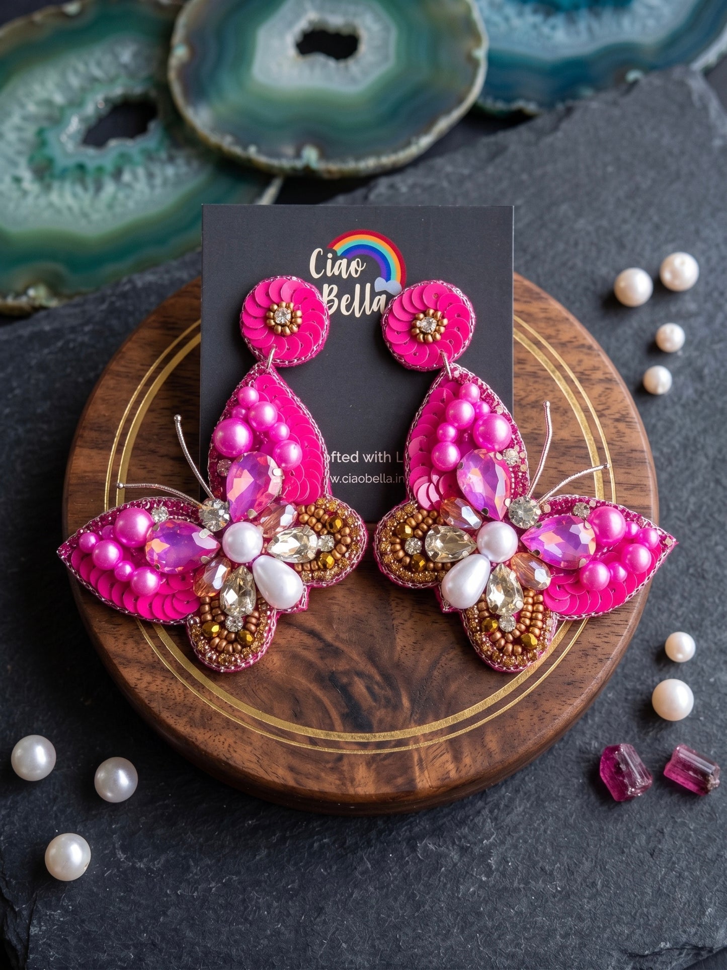 Luxe Crystal Hot Pink Handmade Beaded Butterfly Earrings