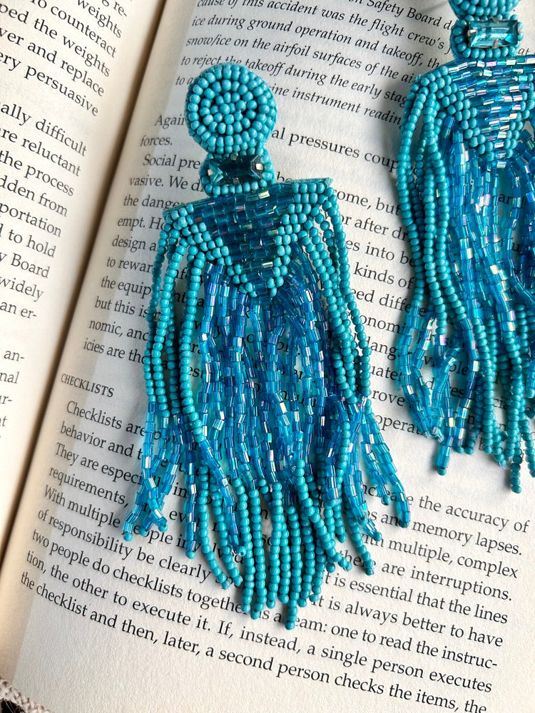 Tropical Teal Handmade Beaded Tassel Earrings