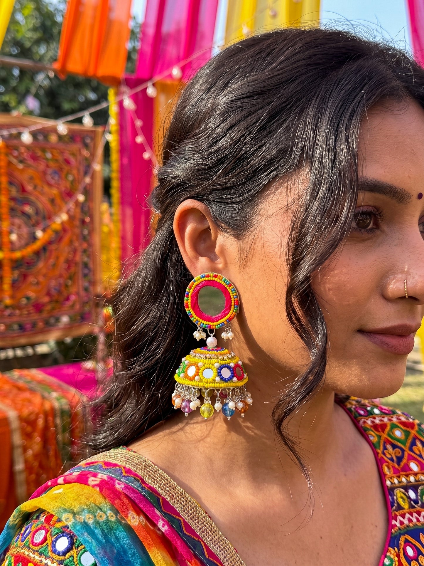 Rangili Yellow Mirror Handmade Beaded Jhumka Earrings